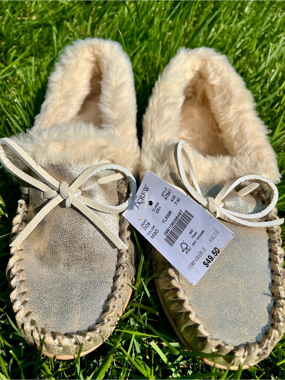 BNWT J. Crew Metallic Gold Faux Suede Shearling Moccasin Slippers Size 7M GIFT!